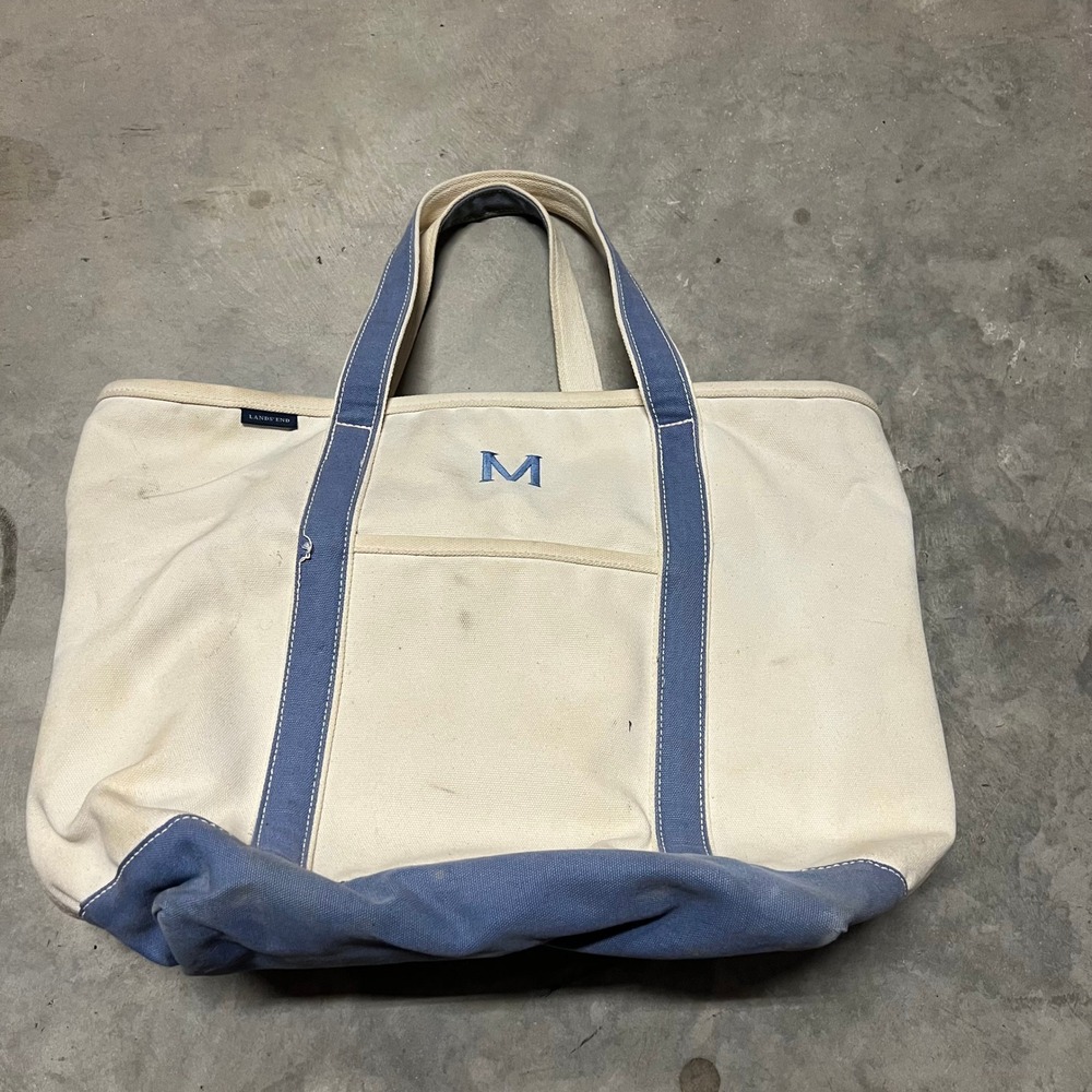 Lands End Canvas Tote Bag Blue Cream Monogram M Large Zip Top 292997
